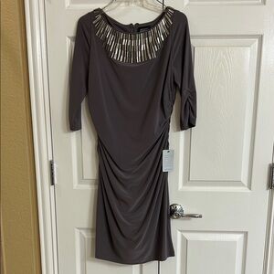 Adrianna Papell Gray Ruched Embellished Sheath Dress